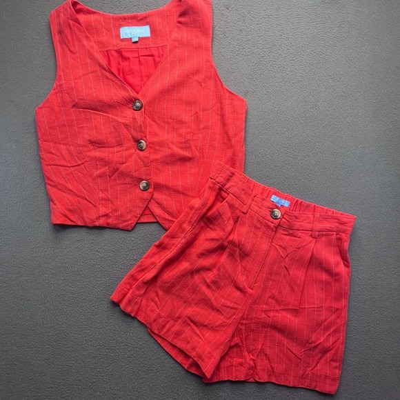 Draper James Pants - Draper James Women Vest and Shorts Set Rayon Linen Red Pinstripe Medium Preppy